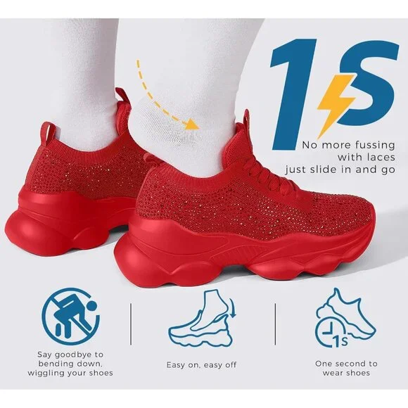 Lucky Step Women's Red Rhinestone Sneaker Chunky Sparkly Bling Mesh Slip on - Picture 7 of 9